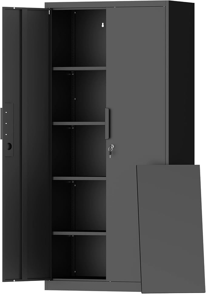IRONFFICE 72" H Metal Garage Cabinet,Metal Lockable Storage Cabinet with 2 Doors, Locking Tall Garage Storage Cabinets with Adjustable Shelves,Tool Cabinets for Home Office,Gym,School (Black)