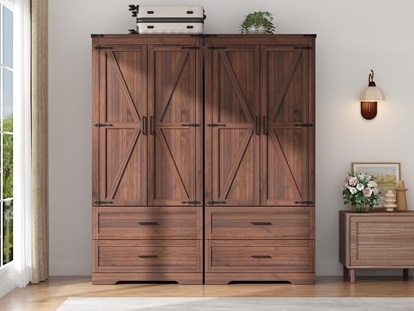 St.Mandyu Farmhouse Wardrobe Armoire Closet with 2 Doors and 2 Drawers, 70.1" Wooden Clothing Storage Cabinet, Freestanding Large Capacity Storage Wardrobe Armoire with Hanging Rod for Bedroom, Brown