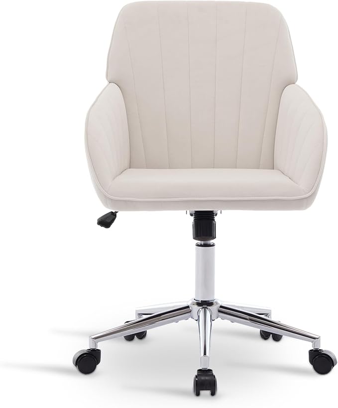 Velvet Vanity Chair with Wheels, Height Adjustable Swivel Makeup Chair, Armless Small Desk Chair for Bedroom/Office/Vanity Table, 250 lbs Capacity (Velvet, White-3)