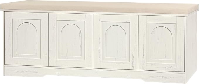 DINZI LVJ Shoe Bench, Entryway Storage Bench with Doors, Cushion, 2-Tier Shoe Rack with 8-Cubby, 47.2”L x 13.8”W Farmhouse Shoe Organizer Cabinet, Adjustable Shelf, Living Room, Bedroom, Rustic White