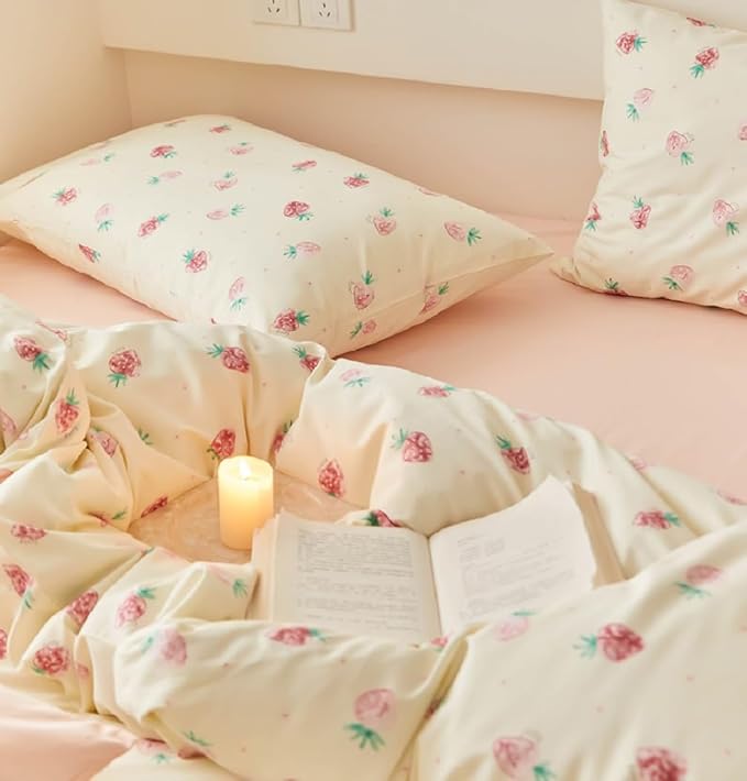 Nayoroom Strawberry Duvet Cover Set Queen Size Girls Cute Pink Strawberries Kawaii Comforter Cover 3 Pieces Soft Lightweight Microfiber Cream White Bedding with Zipper Closure