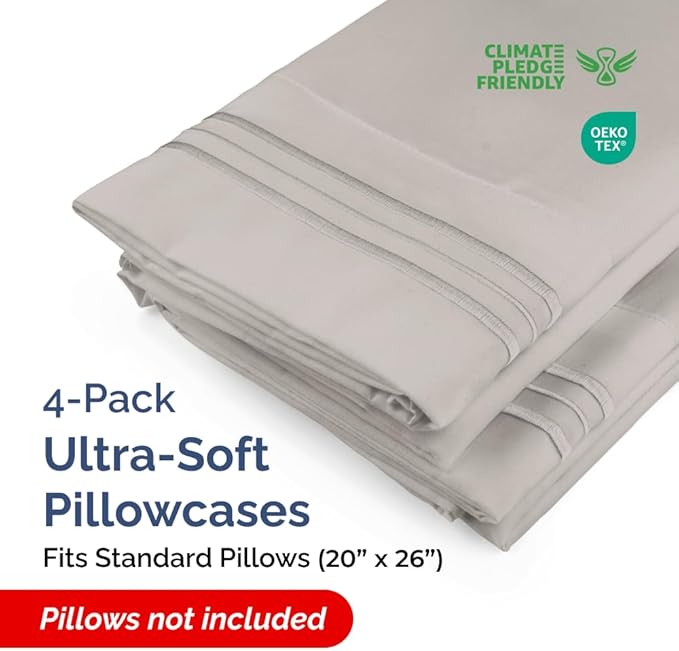 Standard Pillow Cases Set of 4 - Ultra Soft Hotel Quality Pillowcase Covers - Comfy Bedding for Women, Men, Kids & Teens - Machine Washable Pillow Protectors - 4 Piece Set - Standard Size Light Grey