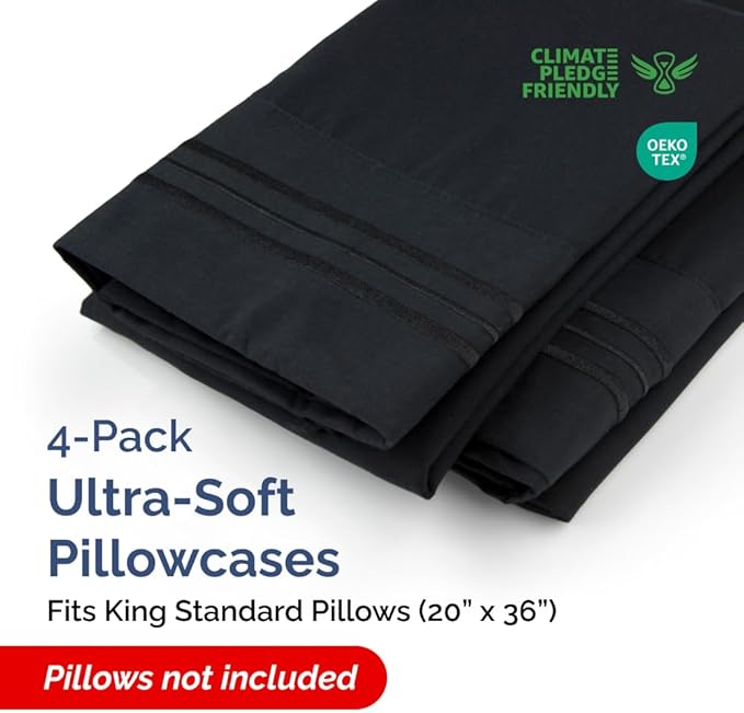 King Standard Pillow Cases Set of 4 - Soft Hotel Quality Pillowcase Covers - Comfy Bedding for Women, Men, Kids & Teens - Machine Washable Pillow Protectors - 4 Piece Set - King Standard Size Black