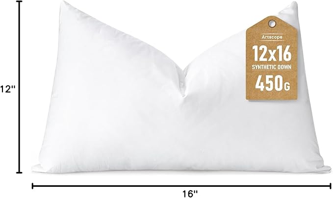 Artscope Synthetic Down Lumbar Pillow Insert, 12x16 Down Alternative Throw Pillow Insert. Ultra Soft Fluffy Sleeping Pillow with 100% Cotton Cover, Decorative Pillows-White.