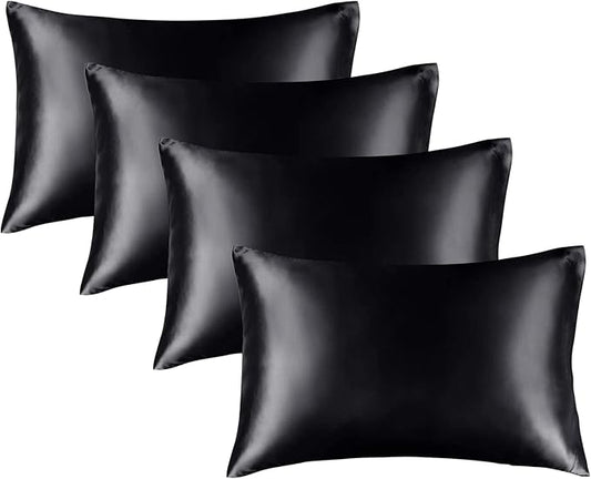 BEDELITE Satin Pillowcase for Hair and Skin, Super Soft Similar to Silk Pillow Cases 4 Pack with Envelope Closure, Cooling Pillowcases for Women Men (20"x36" King Size, Black)