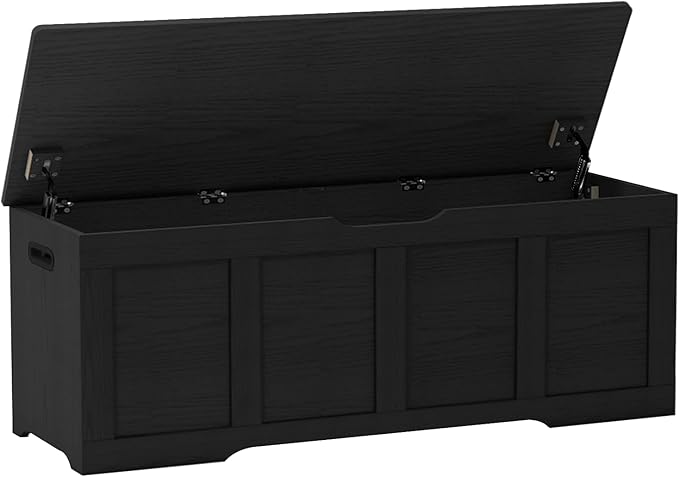 Timberer 47.2" Storage Chest, Extra Large Storage Trunk with 2 Safety Hinges, Wooden Storage Bench, Shoe Bench, Entryway Bench for Living Room, Bedroom, Black