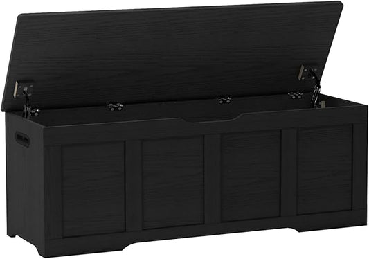 Timberer 47.2" Storage Chest, Extra Large Storage Trunk with 2 Safety Hinges, Wooden Storage Bench, Shoe Bench, Entryway Bench for Living Room, Bedroom, Black