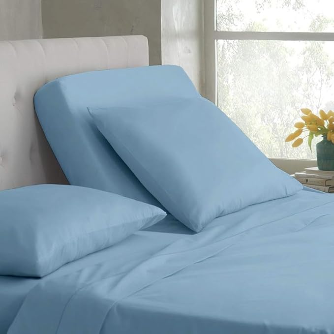 Rajlinen Flex Top King Sheet Set for Adjustable Bed, Split Head King Sheets 34 Inch Split, 100% Cotton, Deep Pocket 16 Inch, Light Blue Solid