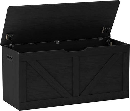 Timberer 39.4" Storage Chest, Wooden Storage Bench, Large Storage Trunk with 2 Safety Hinges, Entryway Shoes Bench for Living Room, Bedroom, Black