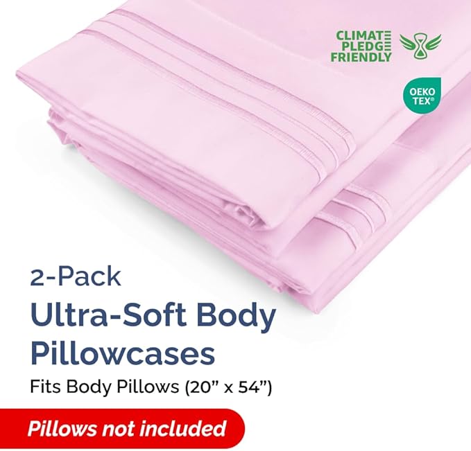 Body Pillowcases Set of 2-20x54 Long Body Pillow Case - Soft Body Pillow Cover for Sleeping & Side Sleepers - Comfy, Wrinkle & Fade Free - Machine Washable w/Envelope Enclosure Light Pink