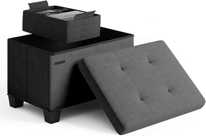 Storage Ottoman Cube with Small Bin, 16-in Square Ottoman with Storage for Living Room and Bedroom, Small Ottomans Foot Rest, Velvet Foot Stools Ottomans Max 330lbs, Grey