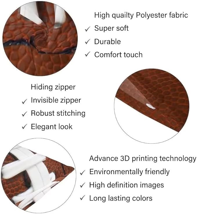 American Football Body Pillow Cover - Rugby Leather Lace Fun Traditional Sport Ball Long Pillow Case with Zipper Decorative Soft Bedding Pillowcase Rectangle Cushion Case for Bedroom, Sofa, 20"x54"