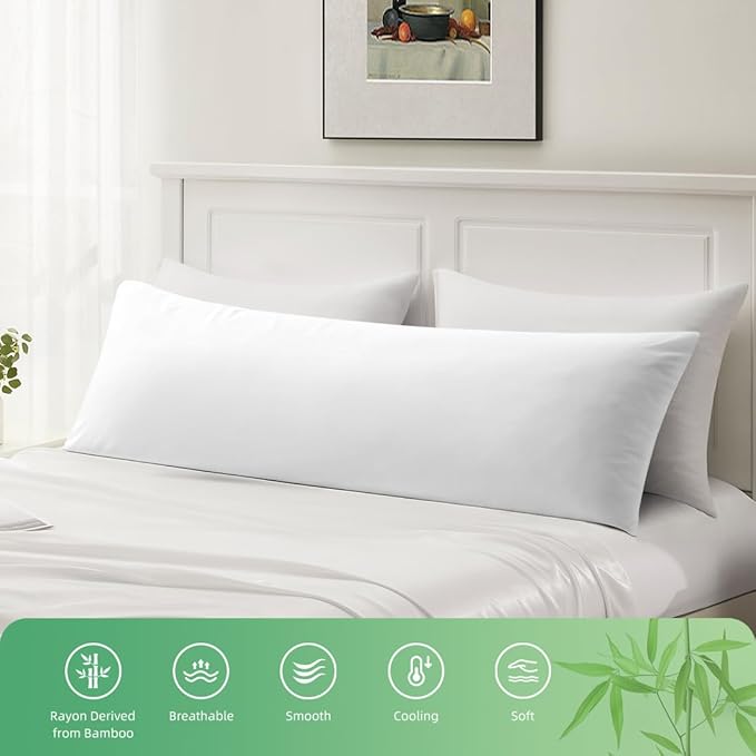 Body Pillowcase, Cooling Viscose from Bamboo Pillow Cover with Zipper Closure, Soft Moisture-Wicking for Hot Sleepers, Hair and Skin-Friendly, White, 1 Pack