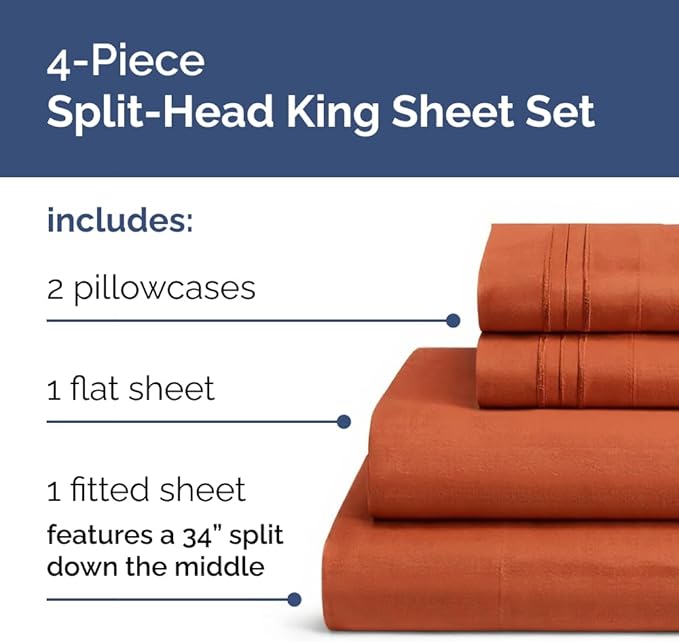 Flex Top Split Head King 4 Piece Sheet Set - Ultra-Soft, Breathable & Cooling Bed Sheets Set - Hotel Luxury Bedding for Women & Men with Deep Pockets - Wrinkle and Fade Free - Oeko-Tex - Terracotta