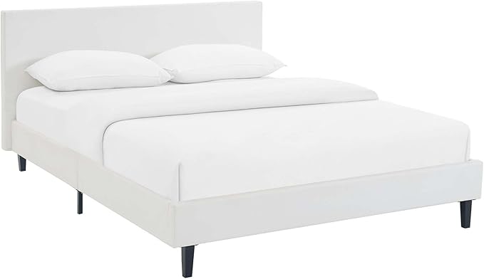 Modway Anya Upholstered White Faux Leather Full Platform Bed with Wood Slat Support