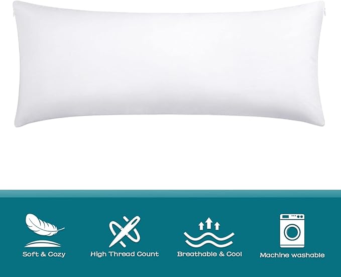 100% Cotton Zippered Body Pillow Cover, Super Soft & Breathable Body Pillow Pillowcase with Zipper, White Body Pillow Case Cover 20x54 Inches, 1 Pack