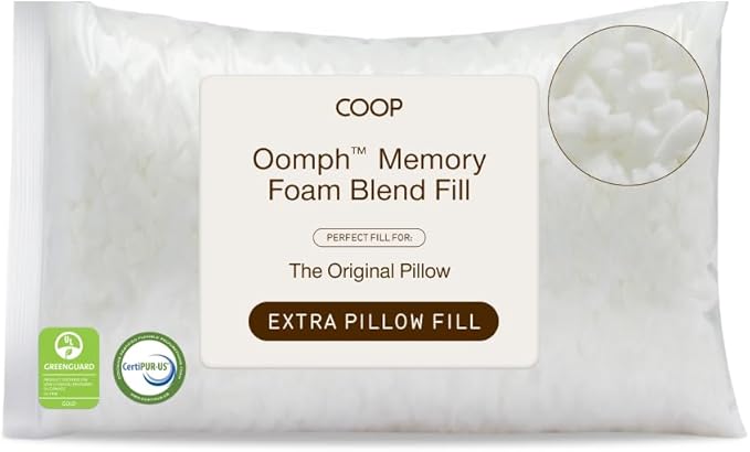 Coop Home Goods Extra Oomph Fill, Cross-Cut Memory Foam, Medium Density Pillow Fill, Extra Fill Bag, Refill to Customize Your Premium Adjustable Pillow, GREENGUARD Gold and CertiPUR-US Certified