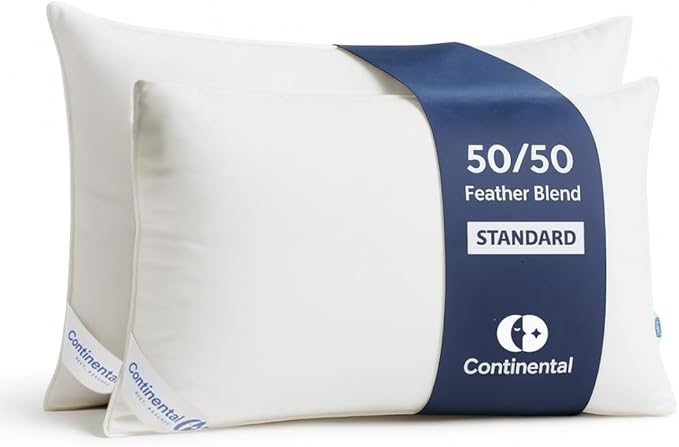 Continental Bedding 50/50 Down Feather Pillow, Fluffy Hotel Quality Side Sleeper Support, Breathable 300TC Cotton, RDS and Oeko TEX Certified