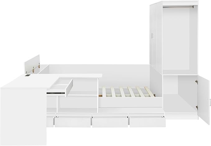 SOFTSEA Full Size Daybed with Wardrobe, L-Shaped Desk, 6 Drawers & USB Ports, Wooden Platform Bed with Open Shelves & Under Bed Storage, Space-Saving Corner Bed for Kids Teens, White