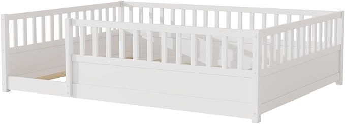 Bellemave Queen Floor Bed with high Fence, Solid Pine Wood Montessori Bed for Kids Girls Boys Floor Bed Frame, White with slats