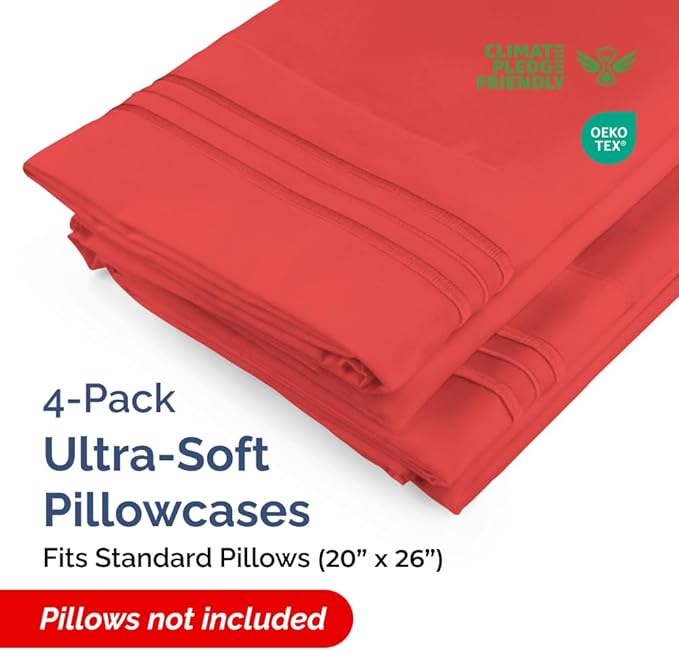 Standard Pillow Cases Set of 4 - Ultra Soft Hotel Quality Pillowcase Covers - Comfy Cozy Bedding for Women, Men, Kids & Teens - Machine Washable Pillow Protectors - 4 Piece Set - Standard Size Red