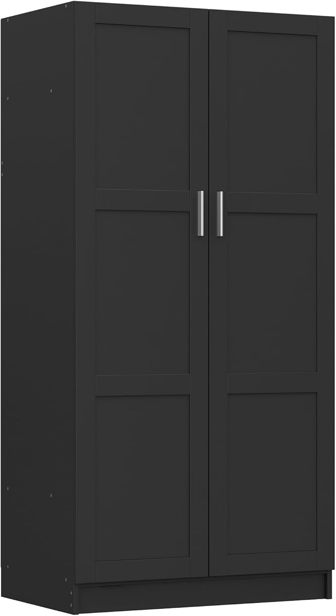 Panana Modern 2 Door Wardrobe Bedroom Armoires Closet Clothing Storage Cupboard with 2 Shelves & Hanging Rod for Bedroom (Black)