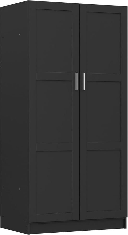 Panana Modern 2 Door Wardrobe Bedroom Armoires Closet Clothing Storage Cupboard with 2 Shelves & Hanging Rod for Bedroom (Black)