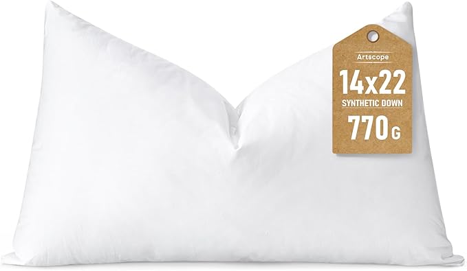 Artscope Synthetic Down Lumbar Pillow Insert, 14x22 Down Alternative Throw Pillow Insert. Ultra Soft Fluffy Sleeping Pillow with 100% Cotton Cover, Decorative Pillows-White.