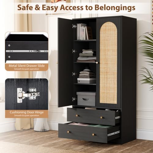 VINGLI Wardrobe Closet with Doors and Drawers, Rattan Armoire Closet with Hanging Rod, Rattan Armoire with Shelves and Doors, Wooden Wardrobe for Hanging Clothes, Black