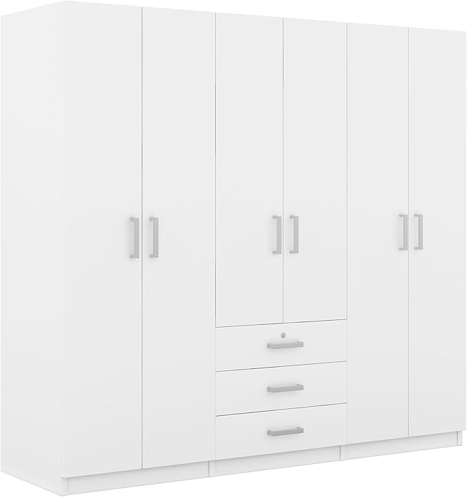 68" H Large 6 Doors Wooden Wardrobe Closet, Freestanding Armoire Wardrobe Closet Cabinet with 3 Drawers, Shelves and Hanging Rod for Hanging Clothes, Coat Closets for Bedroom, White