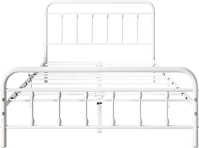 Vintage Full Size Bed Frame with Headboard and Footboard Mattress Heavy Duty Metal Platform Bed Frame Steel Slat Support (Full, White)