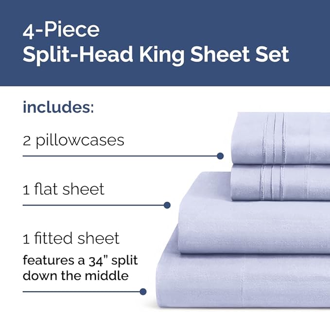 Flex Top Split Head King 4 Piece Sheet Set - Soft, Breathable & Cooling Bed Sheets Set - Hotel Luxury Bedding for Women & Men with Deep Pockets - Wrinkle Free & Fade Resistant - Oeko-Tex - Lavender