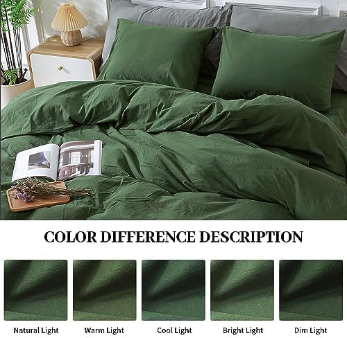 NEXHOME PRO Duvet Cover Set 100% Washed Cotton, Natural Linen Feel 3 Pieces Bedding Set with Zipper Closure & Corner Ties, Breathable Oversized King Forest Green (No Comforter)