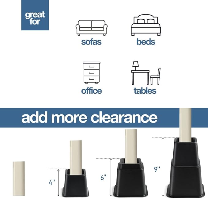 Home It Adjustable Bed Risers - Elevation in 3, 5 or 8 Inch - Heavy Duty Stackable Furniture Risers Supports 1,300 lbs - for Under-Bed Storage, College Dorms, Table and Couch, 4 Pack Bed Lifts Black