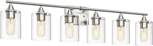 6-Light Bathroom Lighting Fixtures Over Mirror,Brushed Nickel Light Fixture Bathroom,Vanity Light with Clear Glass Shade,Modern Wall Lights for Mirror Bedroom Living Hallway