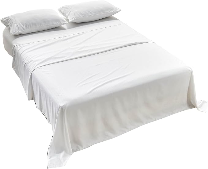 Kingnex Striped 66x80 Olympic Queen Sheets Sets for Super Queen Bed Soft Double Brushed 1800 Microfiber 4 Pcs Include 1 Fitted Sheet 1 Flat Sheet 2 Pillowcase White