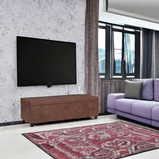 SIMPLIHOME Avalon Extra Large Storage Ottoman Bench - 54 inch Wide Upholstered Vegan Leather Rectangular Lift-Top Ottoman in Distressed Saddle Brown, Contemporary Bench for Living Room with Storage