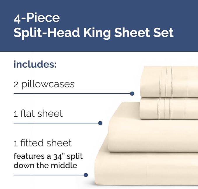 Flex Top Split Head King 4 Piece Sheet Set - Soft, Breathable & Cooling Bed Sheets Set - Hotel Luxury Bedding for Women & Men with Deep Pockets - Wrinkle Free & Fade Resistant - Oeko-Tex - Off White