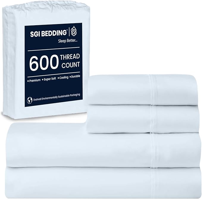 SGI bedding 100% Egyptian Cotton Sheets Twin Size – 600 Thread Count Sheets Set, Soft, Cooling, 15" Deep Pocket, Luxury Hotel Bedding, Breathable, Durable - Light Blue