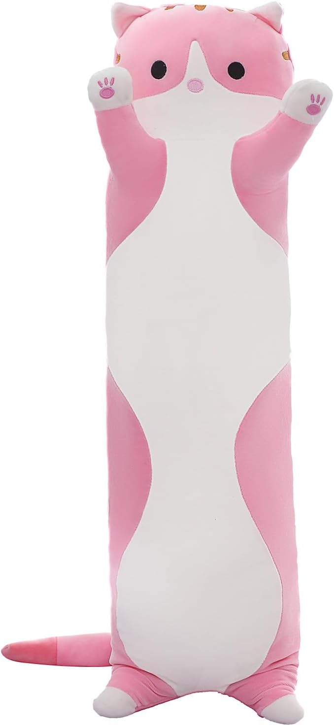 Cute Cat Plush Long Body Pillow – Soft Cartoon Stuffed Animal Doll, Kawaii Cat Plushie Cuddle Toy for Kids, Girls & Girlfriend (Pink, 35.4 Inch)