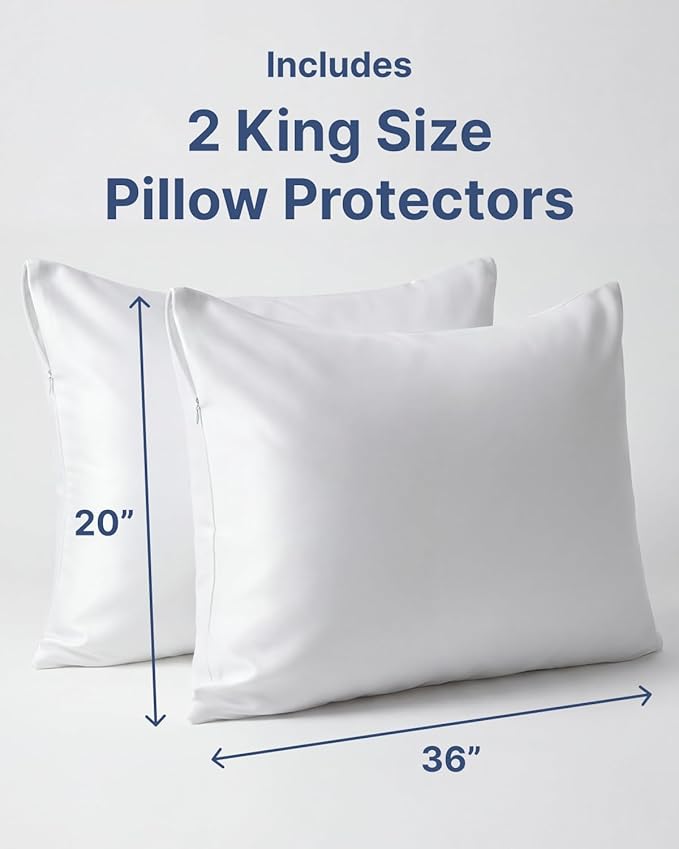 Set of 2 Pillow Protectors with Zipper - King Size - Bed Bug and Dust Mite Proof Pillow Covers - Noiseless, Moisture Wicking & Waterproof Pillowcases - Soft, Breathable and Machine Washable (White)