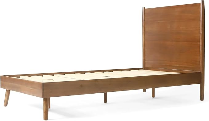 Merax Twin Size Solid Wood Platform Bed, Mid-Century Modern Bed Frame with Splayed Legs, 600 lbs Weight Capacity, No Box Spring Needed, Brown