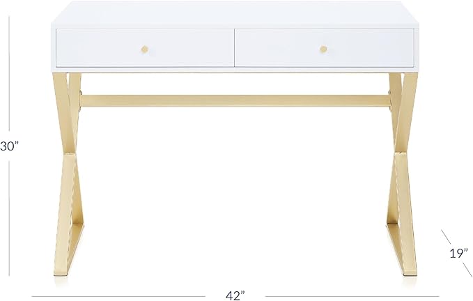 BELLEZE Modern 42 Inch Makeup Vanity Dressing Table or Home Office Computer Laptop Writing Desk with Two Storage Drawers, Wood Top, and Gold Metal Frame - Ellena (White)