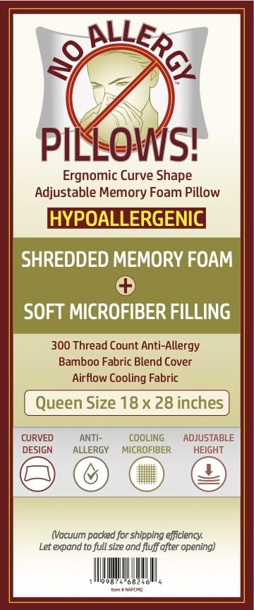 Hypoallergenic Adjustable Curved Pillow for Side Sleepers. Crafted with Non-Allergenic Materials. Memory Foam + Soft Bamboo Fabric Cover. Extra Foam Filling. Queen Size