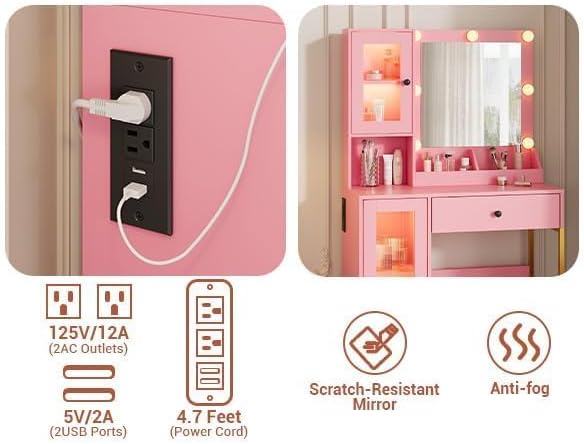 IDEALHOUSE Makeup Vanity Desk with Mirror and Lights, Vanity Table with Charging Station, 2 Open Compartments, 2 Acrylic-Door Cabinets, and RGB Lights Wood Dressing Table for Bedroom