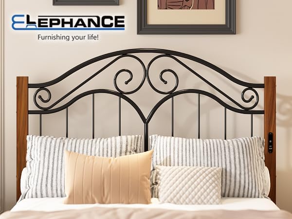Elephance Headboard for Full Size Bed Frame with Charging Station,USB and Type C Ports, Adjustable Height,Vintage Platform Bed Full Headboard Only, Iron Legs,Easy Assembly,Black
