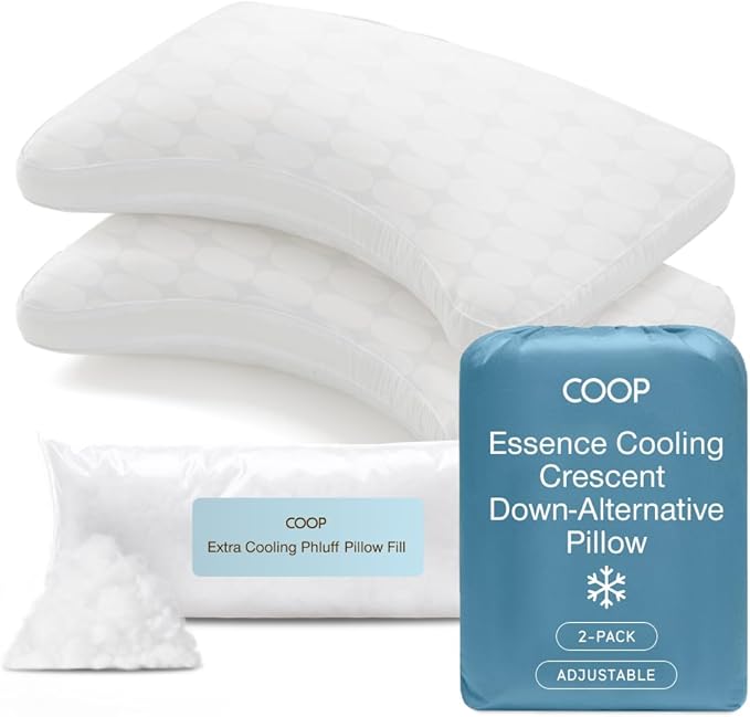 Coop Home Goods Essence Cooling Crescent Down Alternative Pillow Set of 2, Queen Size Adjustable Cooling Pillow for Back & Side Sleepers, Cool-Touch Luxury Hotel Pillow, Oeko-TEX Certified