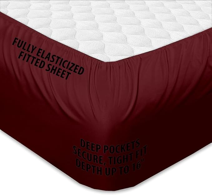Rajlinen Top Split Head King Sheet Set for Adjustable Beds, Split King Flex Head Sheets, 34 Top Split, 100% Cotton, 16 Deep Pocket, Burgundy Solid