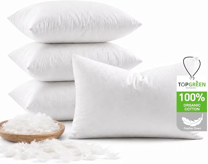 TOPGREEN Feathers Down Pillow Inserts 12x20 (Set of 4, White), 100% Organic Cotton Shell, Soft Decorative Lumbar Pillow Insert for Living Room Sofa, Couch, or Bed
