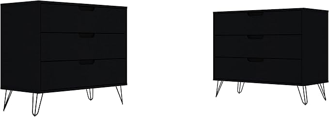 Manhattan Comfort Rockefeller 3-Drawer Dresser Set of 2, Entryway Wood Storage Cabinet, 32 Inch TV Stand Console Table, Anti Tip Kit Included for Bedroom, Nursery, Dorm, Living Room in Black